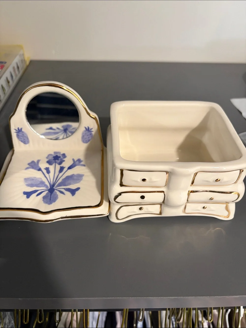 Decorative White Ceramic Jewelry Chest with Blue Floral Motif and Gold Trim
